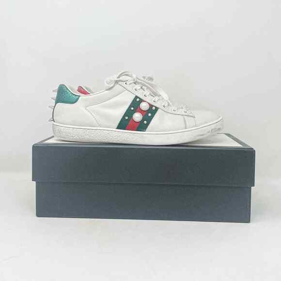 Gucci Ace Web Embellished Spikes & Studs White Leather Lace Up Sneakers EU 38 - Picture 4 of 8